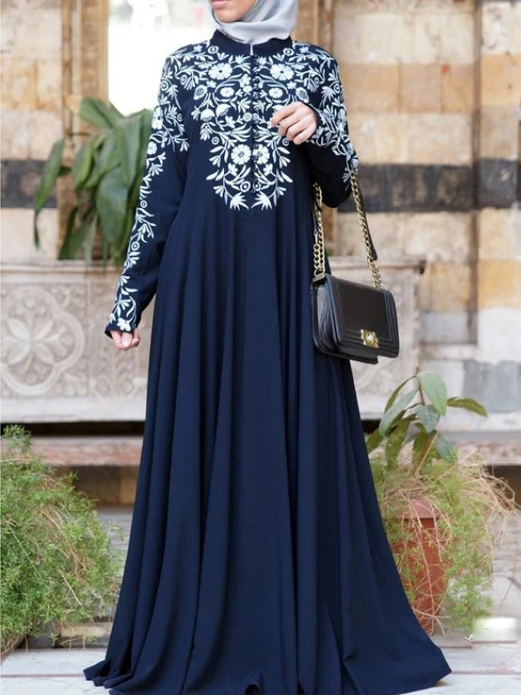 Новинка, мусульманское женское платье, турецкое абайя, с цветочным принтом, макси кимоно, открытая абайя, халат, Дубай, мусульманское платье для женщин, Рамадан, кафтан - Цвет: Синий