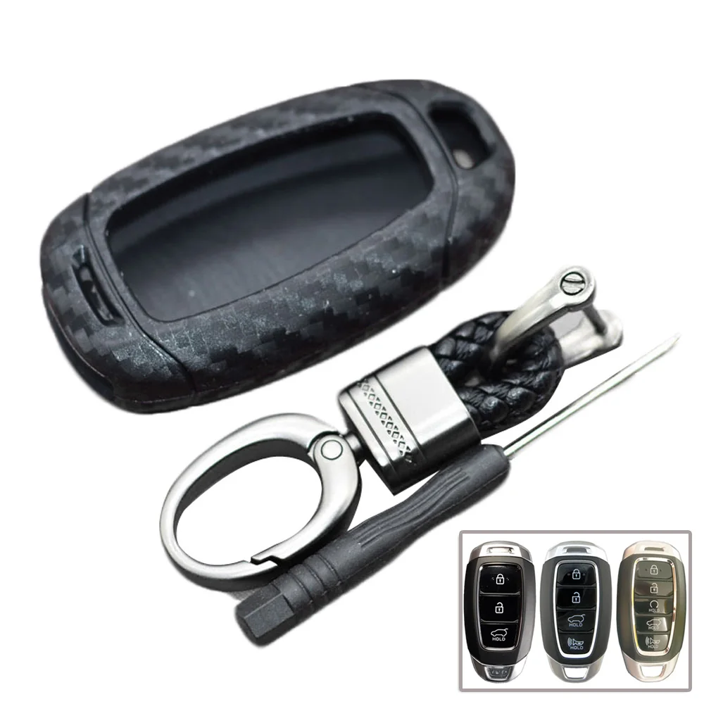 

1pc Automotive Key Case Carbon Fiber Style Remote Cover For Hyundai Santa Fe Kona I30 2018 2019 Portable Cover Accessories