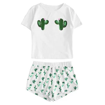 

Women Pyjama Sleepwear Set Cat Letters Printed Short Sleeve Top + Shorts Pyjamas Sets Women Casual Pyjama Sets