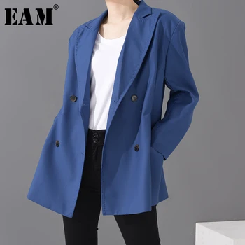 

[EAM] Women Blue Pleated Stitch Big Size Blazer New Lapel Long Sleeve Loose Fit Jacket Fashion Tide Spring Autumn 2020 1T00305
