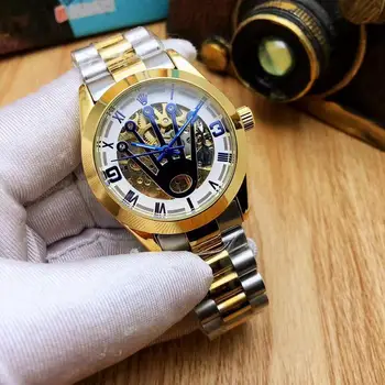 

rolex- Fashion Brand Automatic Mechanical Watches Men's Waterproof Skeleton Wrist Watch With women men Leather strap 693