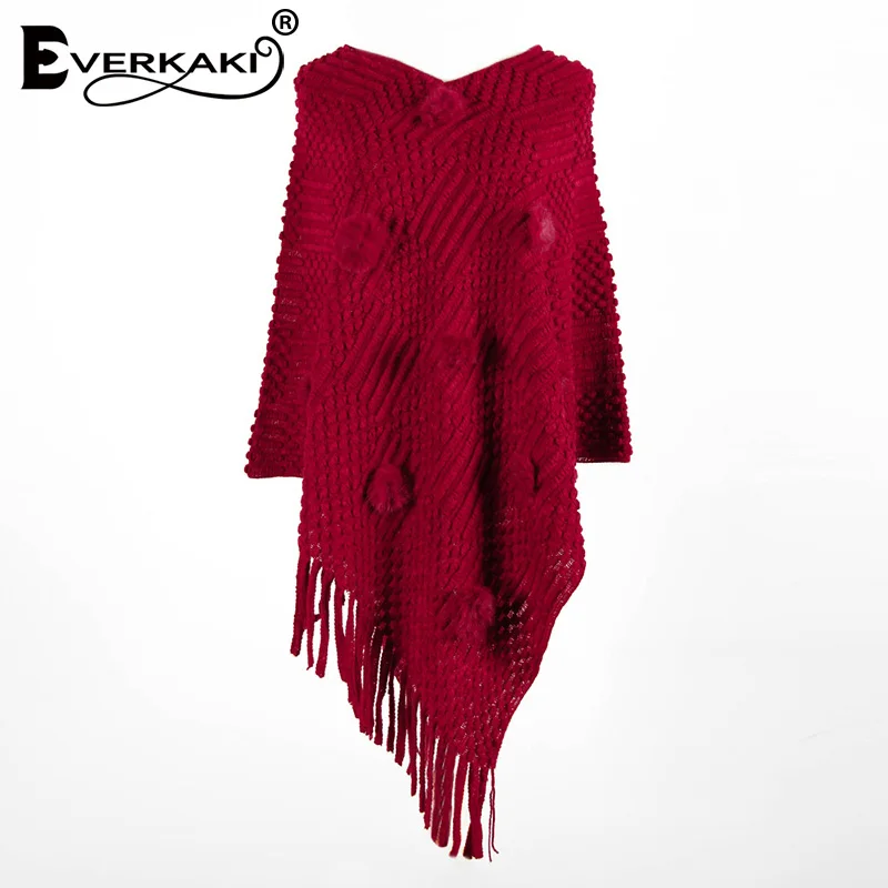 Wine Red Everkaki/зимняя вязаная накидка с кисточками; теплая накидка-пончо; Женская шерстяная накидка; однотонные теплые плотные пальто в стиле бохо; женская накидка; сезон зима года - Цвет: Wine Red