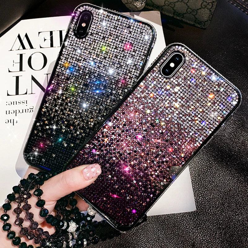 

For iPhone X XS Max XR 6S 7 8 Plus 11 Pro Case Glitter Rhinestone Bling Gradient Diamond Cover Sparkling Bumper Frame With Strap