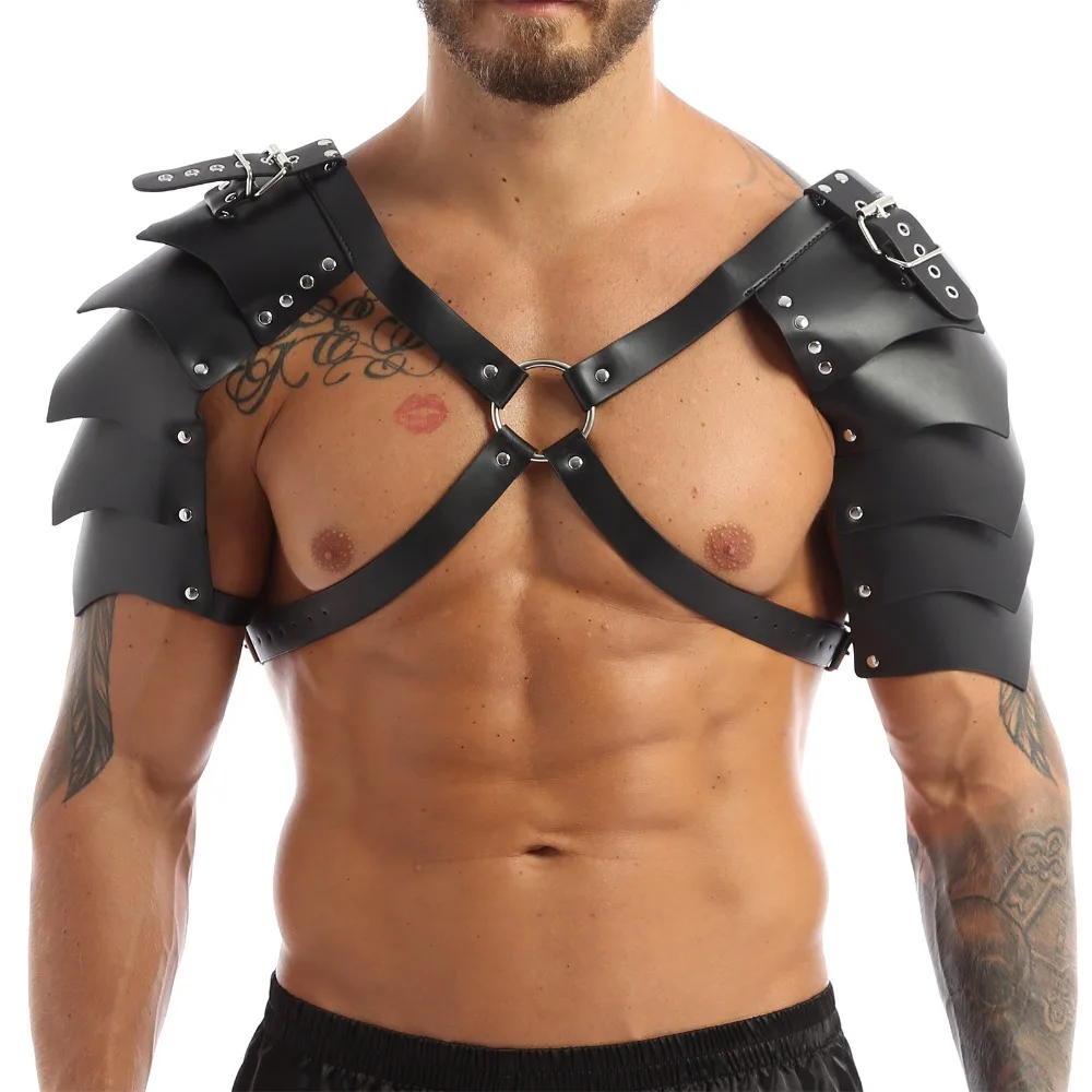 winying Mens Steampunk Faux Leather Halloween Cosplay Costume X-Shaped Body Chest Harness Shoulder Armors Buckles 