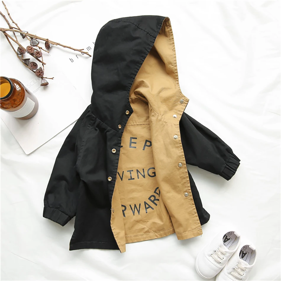 Little Boy Double-faced Windbreaker Kids Autumn Khaki And Black Long Jacket Boys Cotton Clothes Child Trench Outerwear | Детская одежда