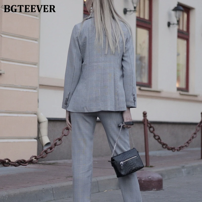 BGTEEVER, винтажный клетчатый женский брючный костюм, двубортный пиджак ...