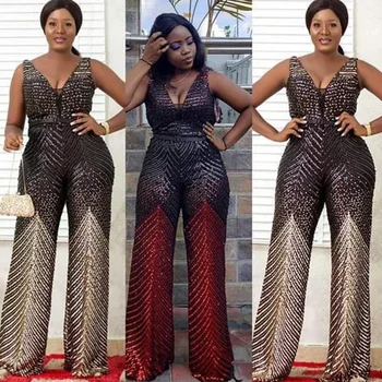 

Sexy Sequins Dashiki Jumpsuit African Clothing for Women 2020 Summer Design Bazin Elegant Wide Leg Pant Africa Jumpsuit Overalls