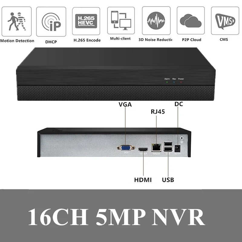 Сетевой видеорегистратор H.265 16 каналов * 5 Мп NVR Max 8T IP ONVIF 2 4 CMS XMEYE с адаптером