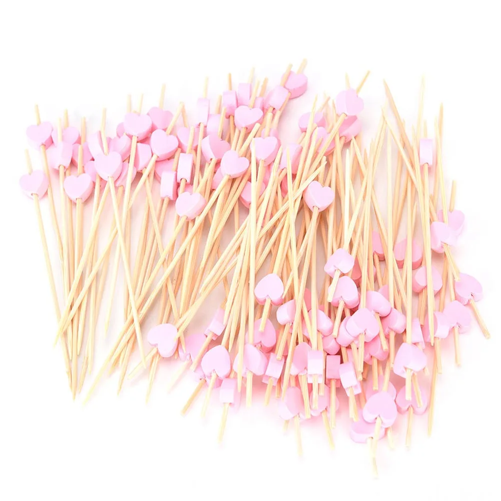 100pcs12cm сердце бамбуковые для еды Шпажки для канапе кекс фрукты вилка вечерние торт десерт салат растительные палочки Коктейльные зубочистки шампур - Цвет: PK