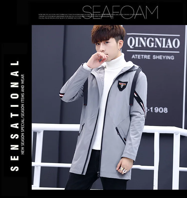 Men Medium-length New Style plus Velvet Jacket Korean-style Slim Fit Teenager Warm Trench Coat Tops Hat Men's