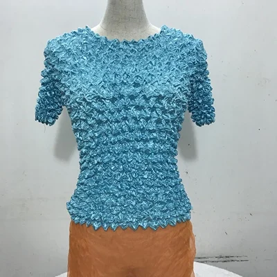 Горячая Miyake Мода Складные короткий рукав сексуальный о-вырез тонкий трехмерная футболка с ананасом