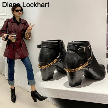 

Women's Motorcycle Western Cowboy Boots Women PU Leather Short Cossacks High Heels Cowgirl Booties Chain Ankle botas Shoes