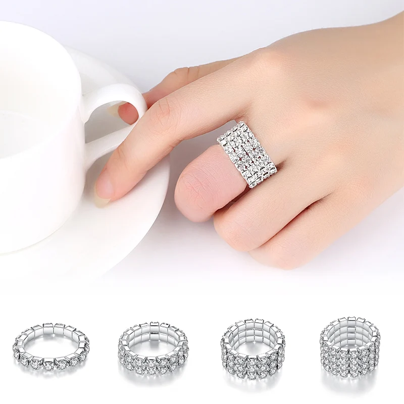 Кольца модного серебристого цвета с эластичным цирконием, четыре ряда, стразы, эластичные кольца для женщин, подарки, Кристальное кольцо, Прямая поставка