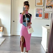 

Slim Ladies Long Sleeve Dress Set Pink Printed Top+Tight Skirt 2 Piece Set 2022 Winter Casual Sexy African Womens Long Skirt Set