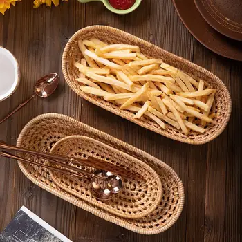 

Hand-Woven Rattan Bread Storage Tray Fruit Basket Breakfast Serving Trays Oval Tea Snack Plate Cutlery Tray Home Decoration