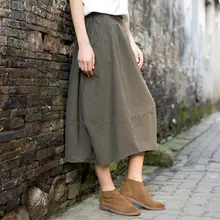 Хлопчатобумажная и льняная Осенняя новая Ретро эластичная талия свободная однотонная женская юбка дикая юбка-фонарик