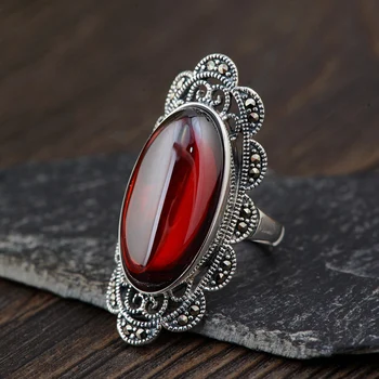 

FNJ MARCASITE Rings 925 Silver Adjustable Size 100% Real S925 Solid Silver Ring for Women White Chalcedony Red Zircon Corundum