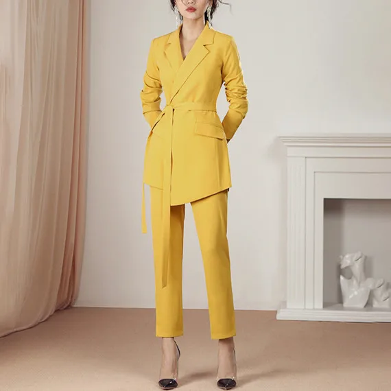 Женский офисный брючный костюм HAMALIEL весенний желтый блейзер с зубчатым ремнем