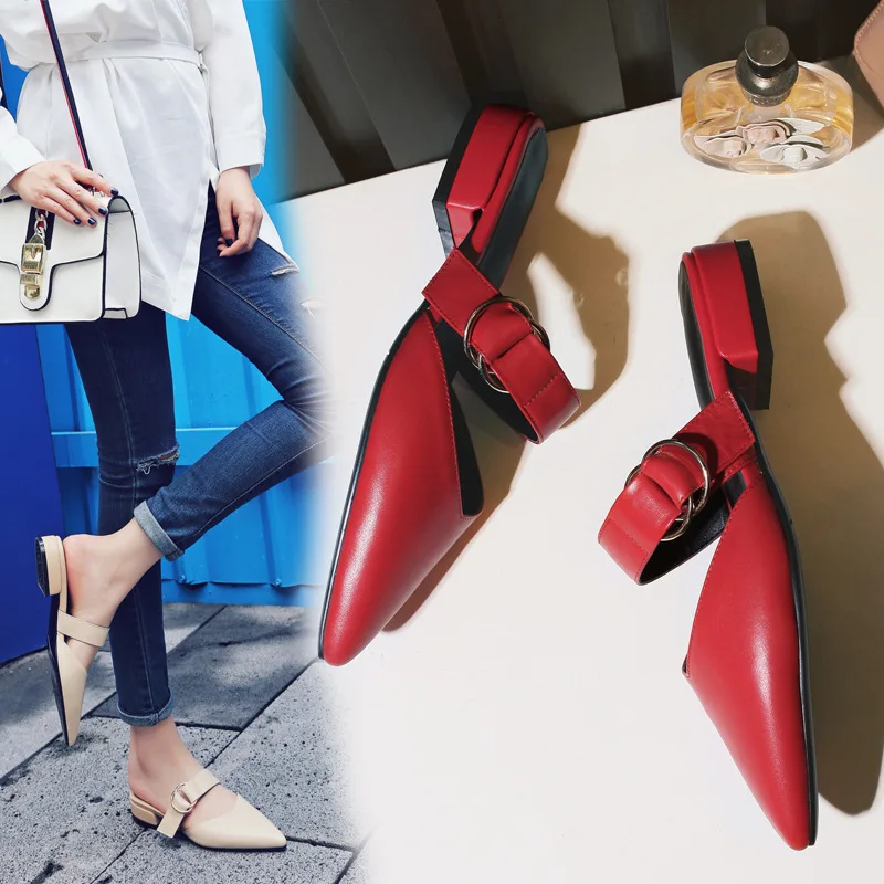 

2019 Spring New Style Genuine Leather Sandals Closed-toe Flat Sandals Casual Fashion Pointed WOMEN'S Shoes Europe And America Sm