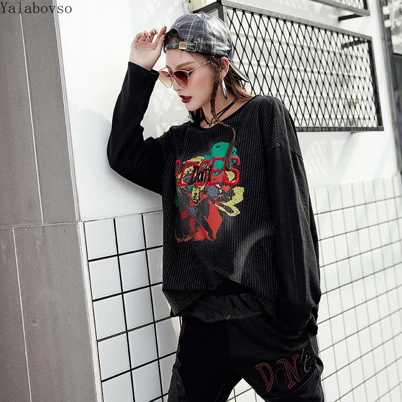 

2019 Autumn new women's Streetwear Printing embroidery long-sleeved women's T-shir T High Street O-Neck Tees for womenA110Z40