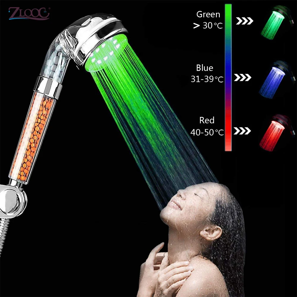 Automatic Water Temperature Color Changing Negative Ion LED Handheld Shower Head