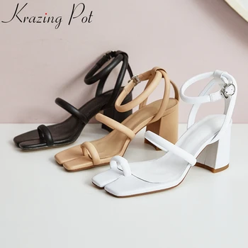 

handmade big size genuine leather high heels square toe buckle strap office lady strange style sandals women summer shoes L15