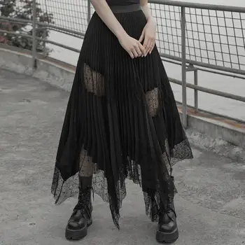 

PUNK RAVE women's Chiffon pleated lace skirt,Front lace hollow design,lower angle asymmetric sharp angle,solar pleat OPQ587