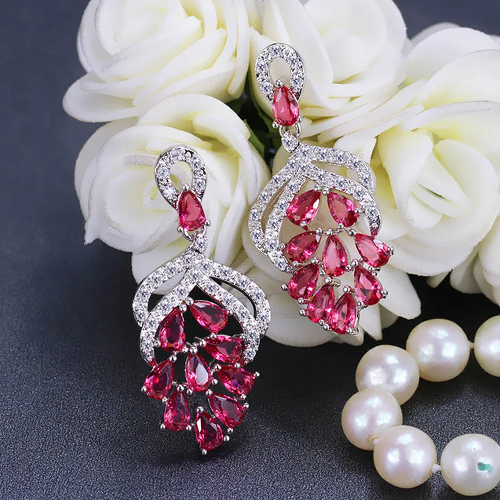 Rose red Threegraces 4 цвета Варианты Одежда высшего качества микро проложить кубического циркония Каменная роза красная моды Кристалл Висячие серьги для Для женщин er029 - Окраска металла: Rose red