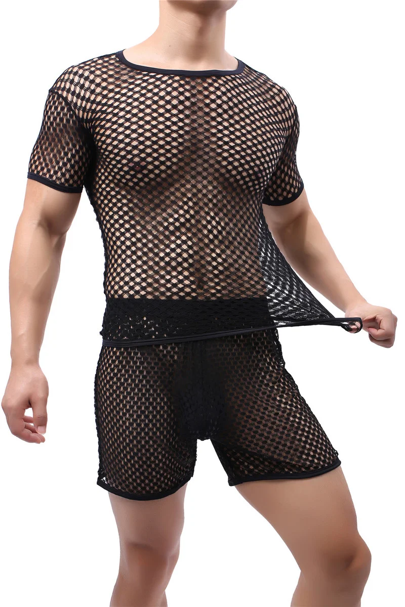 Sexy Mens Undershirts Mesh Short Sleeve See Through T Shirts Loose Short Pajama Pants Sport Fitness Men Clothes Set Underwear
