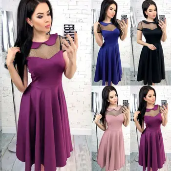 

Women Peter Pan Neck Mesh Splicing Dot Print A Line Skater Midi Dress Cocktail Sexy Lady Strap Bandage Bikini Cover Up Beachwear