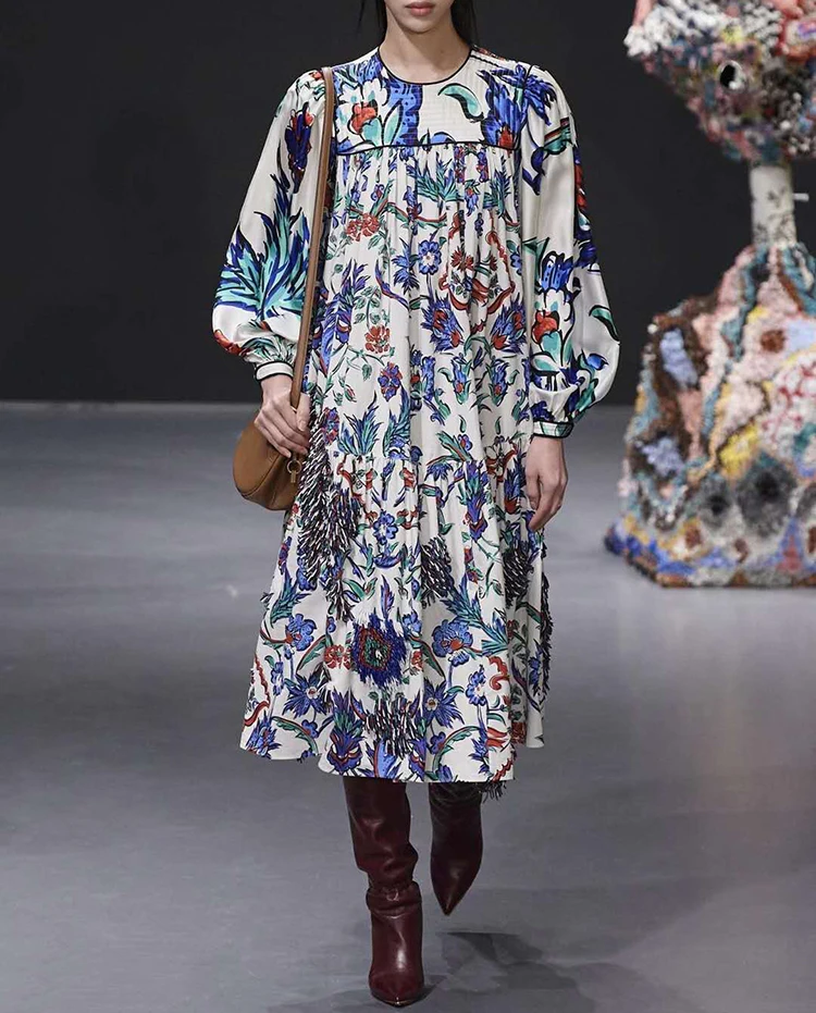 AELESEEN Runway Fashion Women Dress Designer New Arrival Autumn Fall Dress Long Sleeve Loose Style Flower Print Casual Dress