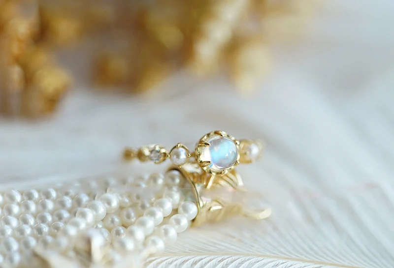 Милое натуральное лунное кольцо с самоцветом и бриллиантами украшения с простым дизайном подарки на день рождения золотые 925 пробы серебряные обручальные кольца