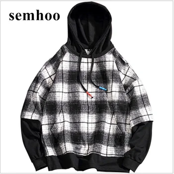 

Sweatshirt Male Autumn Fake Two Pieces Of Casual Lattice Hooded Student Headdress Hip Hop Coat Long Sleeve Top Mens Hoodies