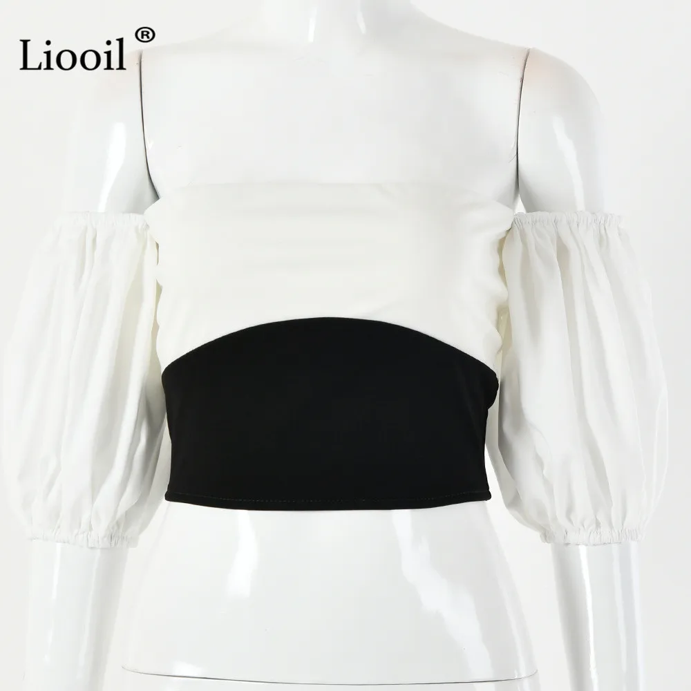 Liooil, Сексуальная Блузка без бретелек, рубашка, короткий укороченный топ,, рукав-фонарик, вырез лодочкой, Сращивание, черные и белые женские топы и блузки