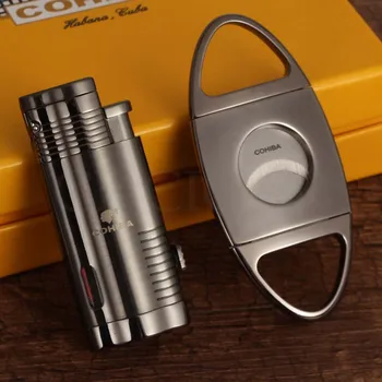 

COHIBA Lighter Cutter Set Metal 3 Torch Jet Cigar Lighter Butane Pocket Cigar Cutter Sharp Balde Stainless Steel W /gift Box