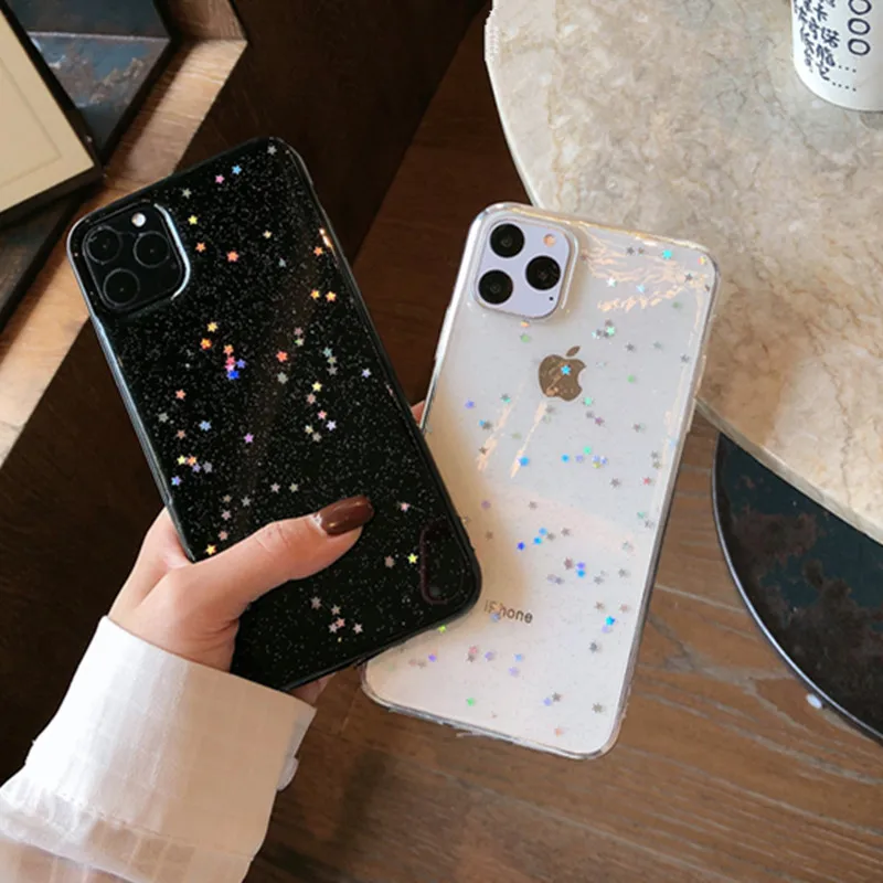 Bling Colorful Star Glitter Soft Tpu Phone Case for Iphone 11 Pro Max X Xr Xs 6s 7 8Plus Shine Powder Transparent Back Cover | Мобильные