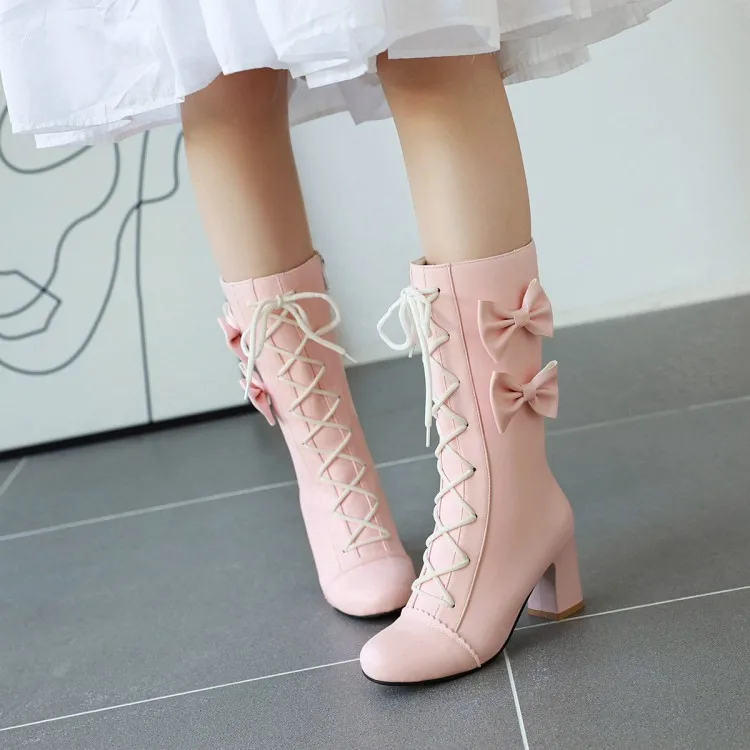 Осенне-зимние новые стильные милые ботинки с бантом женские ботинки на высоком каблуке с кружевом розовые ботинки в стиле «лолита» на шнуровке для студентов, большие размеры 34-43