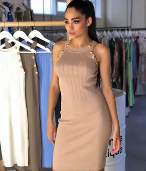 

SWTAO 2019 Women Summer Sexy Sleeveless Green Nude Bandage Dress Elegant Designer Party Dress Vestido