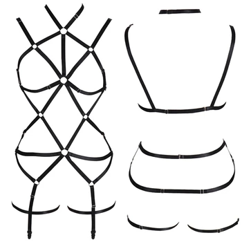 

Black Strappy Harness Bra Set Full Bondage Hollow Out Body Gothic Fetish Cross Cage Bra Cupless Adjust Plus Size Sexy Lingerie