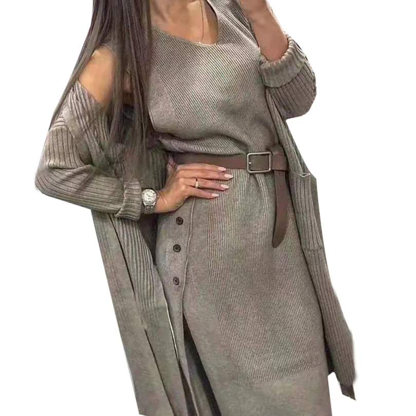 MVGIRLRU осеннее женское платье костюм вязаный кардиган свободный свитер пальто с поясом комплект из двух предметов