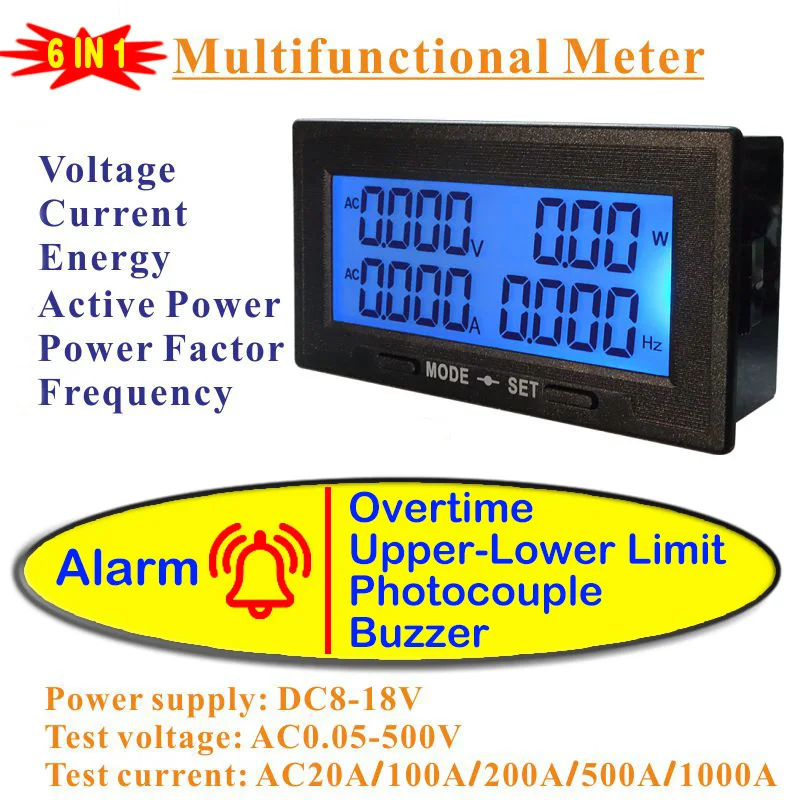 AC 0-500V Digital Voltmeter Ammeter 0-20A 100A 200A 500A 1000A Voltage Current Wattmeter Energy Frequency Power Meter DC8-18V