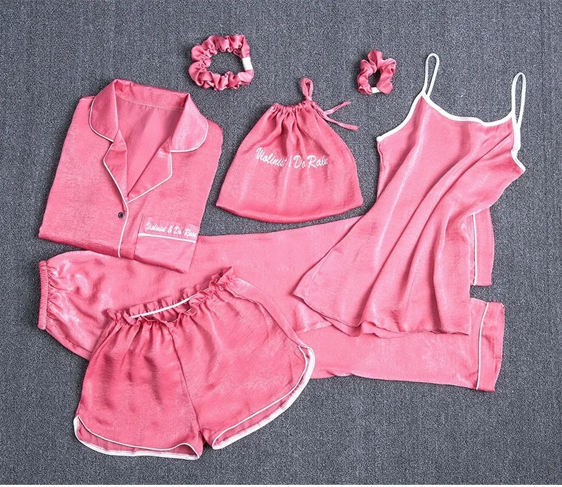 Пижамные комплекты из 7 предметов для женщин, сатиновые хлопковые пижамы одежда для сна, милая Домашняя одежда, Весенняя длинная и короткая полосатая Пижама для дома - Цвет: Красный