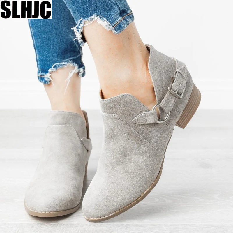 

SLHJC Short Ankle Boots Leather Belted Pointed Toe Slip On Booties Women Autumn Med Chunky Heel Shoes Plus Size Casual Pumps