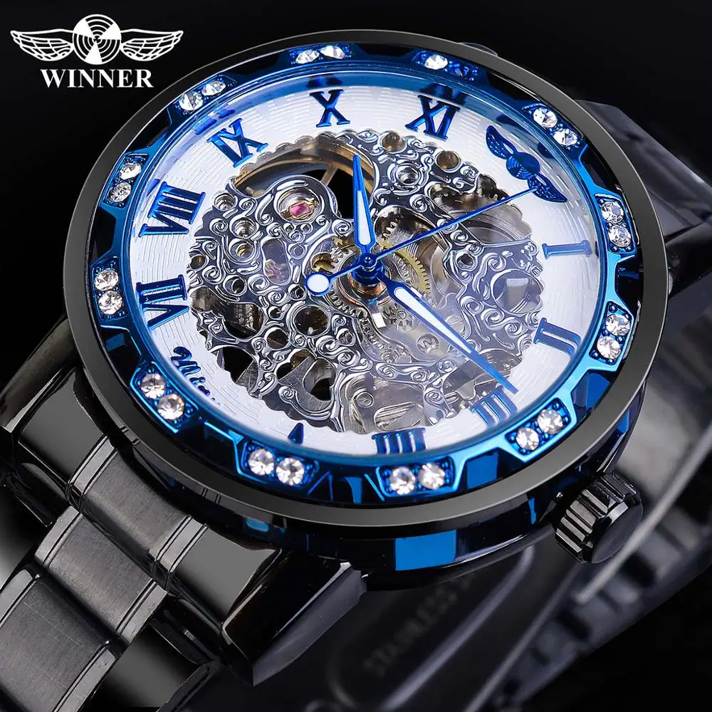 

Winner Man Clock Mens Watches Top Brand Luxury Machianical Mens Watches Luminous Hands Diamond Stainless Steel Skeleton Watches