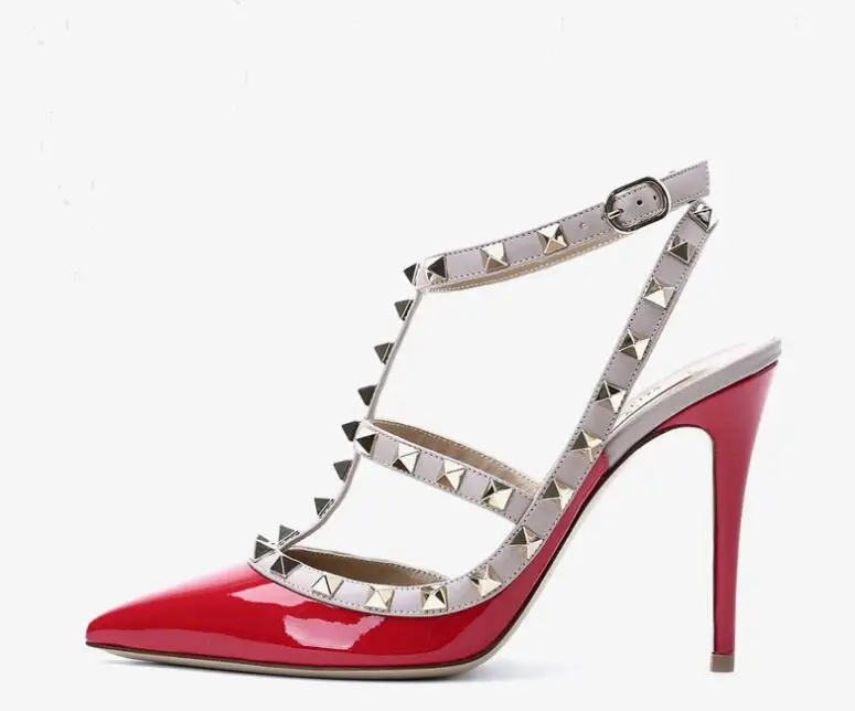 

women brand sandal v logo patent leather high heel sandal 10cm thin heel red wedding shoes with rivets 8cm 6cm black matte 34-43