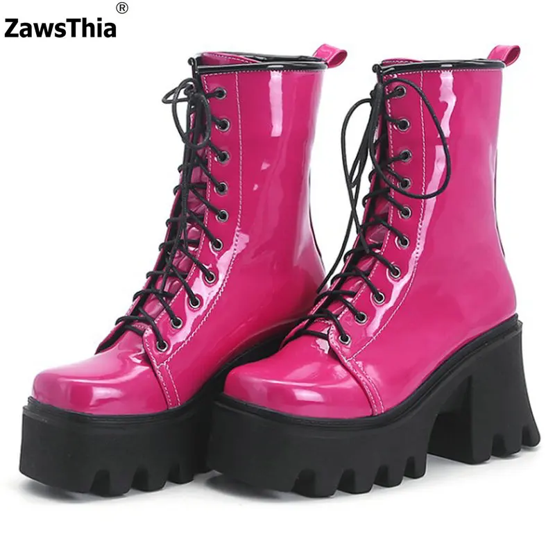 

ZawsThia 2021 Winter New Rosy Black Lace-up Cross-tied Punk Gothic Women Shoes Platform Chunky High Heels riding Ankle Boots