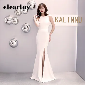 

Sexy Split Mermaid Dress Long Elegant Formal Party Dress DX404 Plus Size Sleeveless Women Prom Dress White Simple Evening Gown