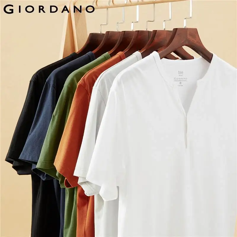 Мужская Однотонная футболка Giordano летняя с короткими рукавами и воротником на