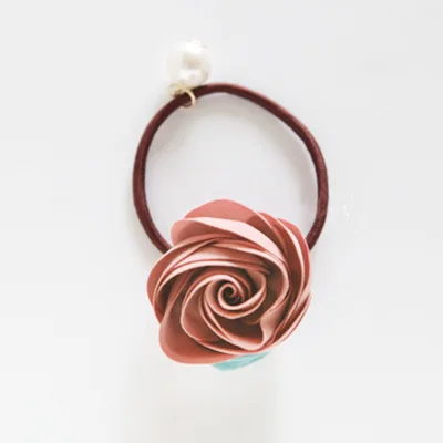 brown pink Женская резинка для волос с орнаментом, резинка для волос для девочек, белая жемчужина, большой цветок, Резиновая лента для волос, двухслойная эластичная резинка для волос - Цвет: brown pink