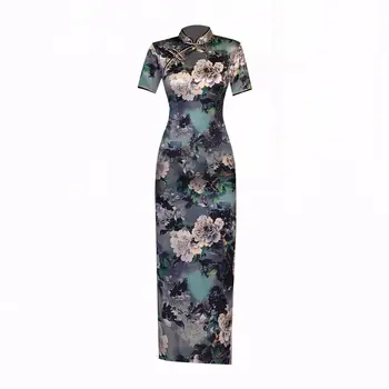 

Plus Size 5XL Vintage Chinese Traditional Women Rayon Print Flower Qipao Mandarin Collar Cheongsam Novelty Chinese Formal Dress